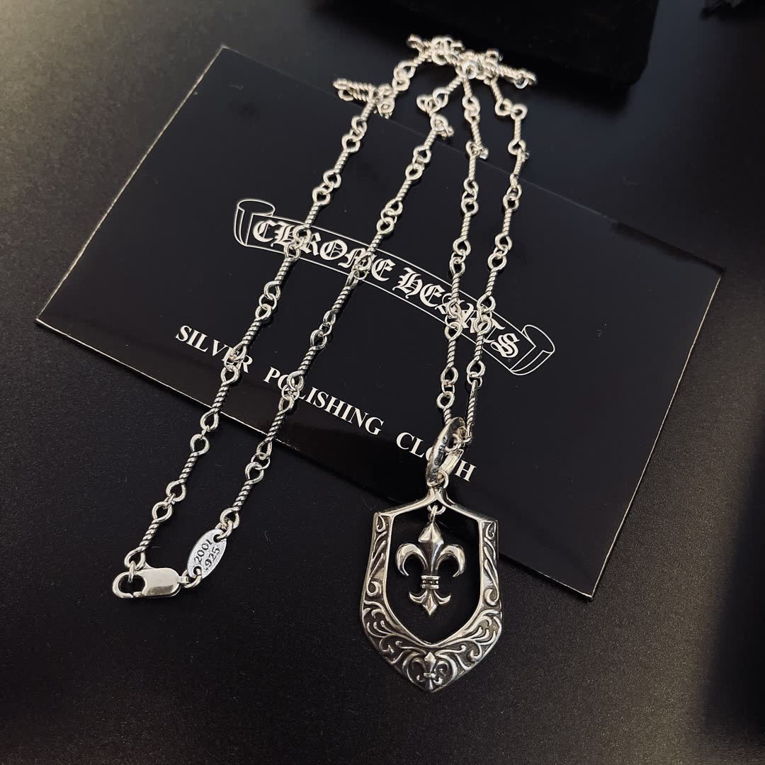 Chrome Hearts Silver Fleur-de-lis Shield Necklace
